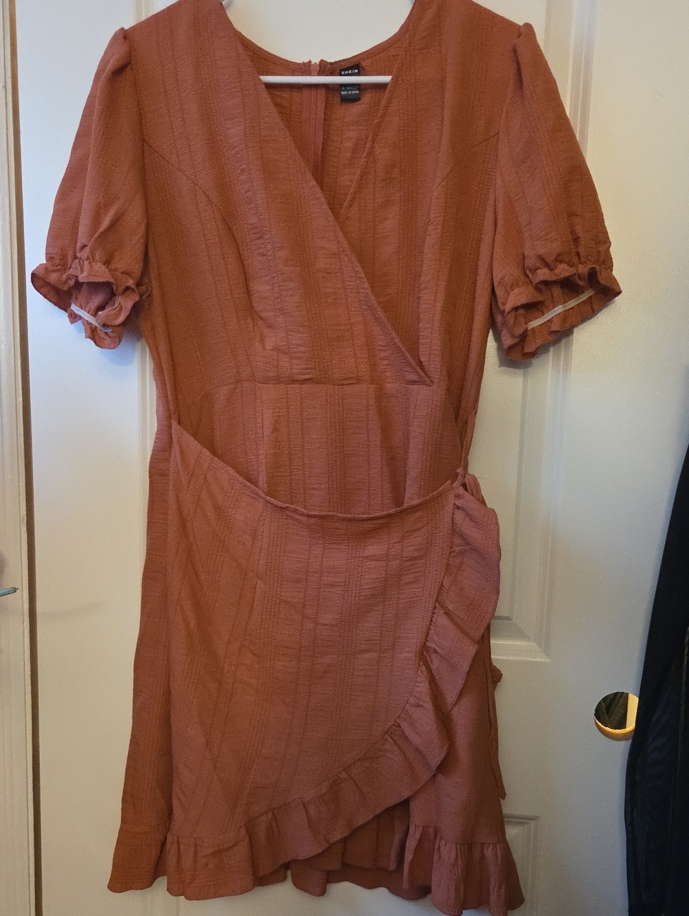 SHEIN Rust Wrap Midi Dress with Ruffle Trim